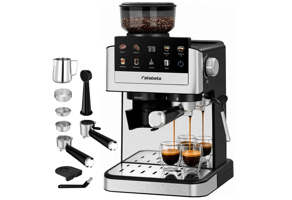 FATABETA Siebträgermaschine Espressomaschine 20 Bar Kaffeemaschine mit Mahlwerk bohnen & Milchaufschäumer, 30 Mahlgrade, Cold Brew, 1550W, Kapseladapter, für Zuhause