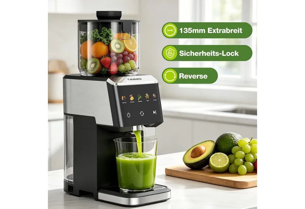 FATABETA Slow Juicer Entsafter 135MM großer Öffnung, Für ganze Früchte und Gemüse, 150 W, BPA-Frei, Hohe Saftausbeute, Erhalt der Nährstoffe mit 2 Bechern