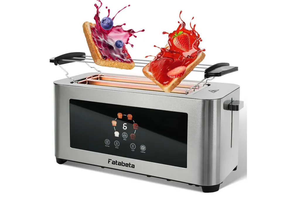 FATABETA Toaster Toaster 4 Scheiben, Doppel-Langschlitztoaster, mit Brötchenaufsatz, 2 lange Schlitze, für 4 Scheiben, 1400 W, LED-Display, Touchscreen, 6 Stufen, Auftauen & Aufwärmen, Edelstahl
