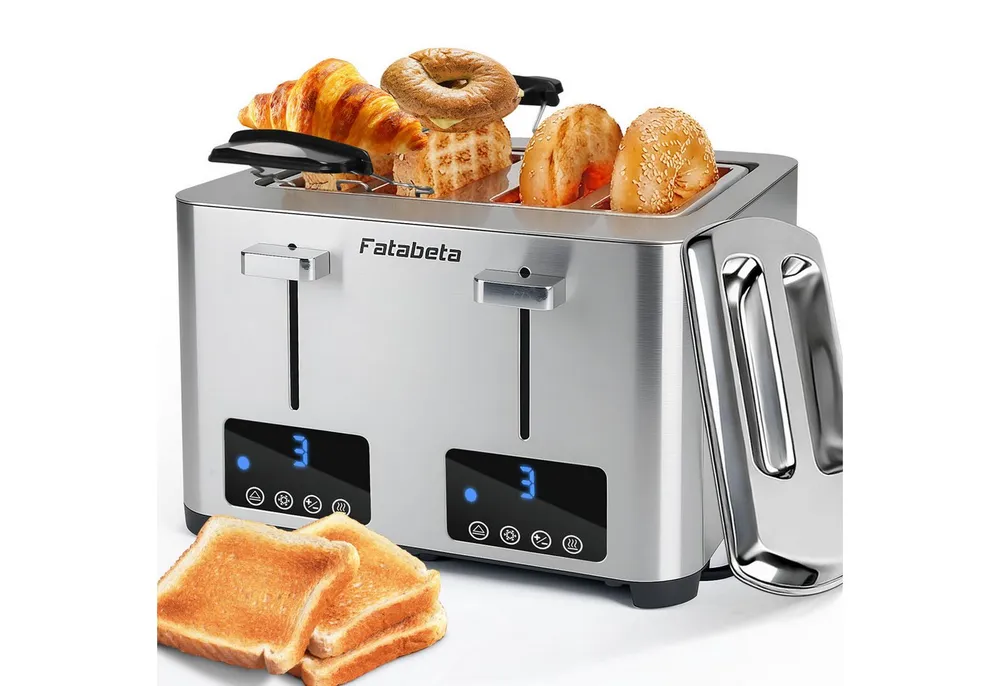 FATABETA Toaster Toaster 4 Scheiben, mit Brötchenaufsatz & 2 Staubschutzdeckeln, 4 kurze Schlitze, für 4 Scheiben, 1500 W, LED-Display, Touchscreen, 7 Stufen, Auftauen & Aufwärmen, Edelstahl