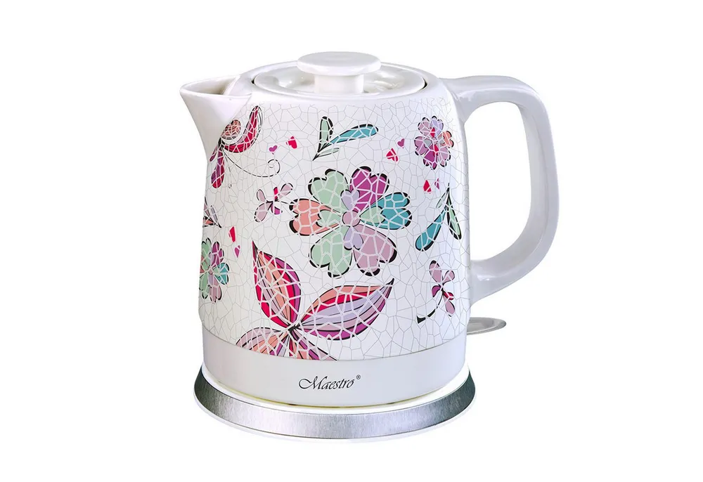 Feel Maestro Wasserkocher MR068 Elektrischer Keramikkessel 1,5L, 1.5 l, 1500 W, Wasserkocher mit Deckel Rotes Muster Blumen