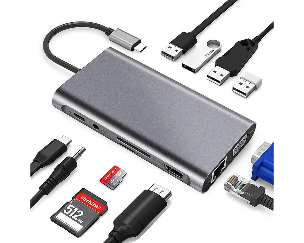 feinlux 11-in-1 USB-C Docking Hub, PowerExpand Adapter Adapter 3,5mm Audio, RJ45 Ethernet, 3 x USB 2.0, 1 x HDMI zu SD Card Reader, TF Card Reader, VGA, 100 W Stromversorgung, 4K 30Hz HDMI, USB-Adapter USB-C zu 1 x USB 3.0, USB-C PD 100W, 3,5mm Audio
