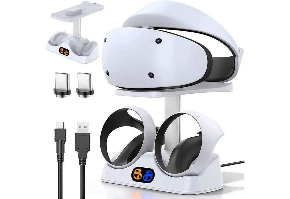 feinlux Ladestation für PS VR2 Controller Ladeschale (2000 mA, Set, PS VR2 Ladestation Ladestation, mit Headset Ständer, mit LED Licht, Typ C Kabel)