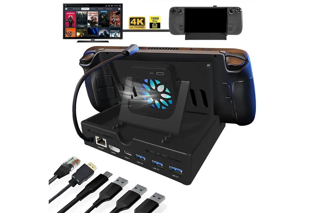 feinlux Speicherladestation Konsolen-Dockingstation Steam Deck, Set, 6 in 1 dock,Docking-Station, Handgehaltene Ständer,HDMI4K60HZ, Mit Ventilatorkühler
