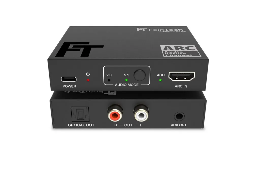FeinTech AX130 HDMI eARC Audio Extractor Audio-Adapter zu 3,5-mm-Klinke, Toslink, Cinch L/R, für TV, mit Lautstärke-Steuerung