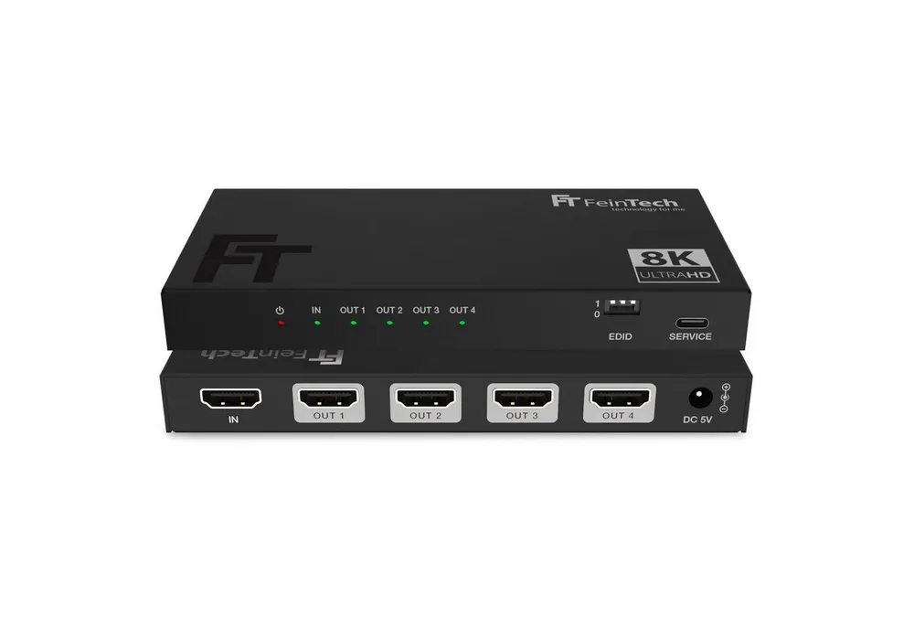 FeinTech HDMI-Splitter SP410 1 in 4 out, HDMI 2.1 4K 120Hz & 8K 60Hz Downscaler CEC-Pass