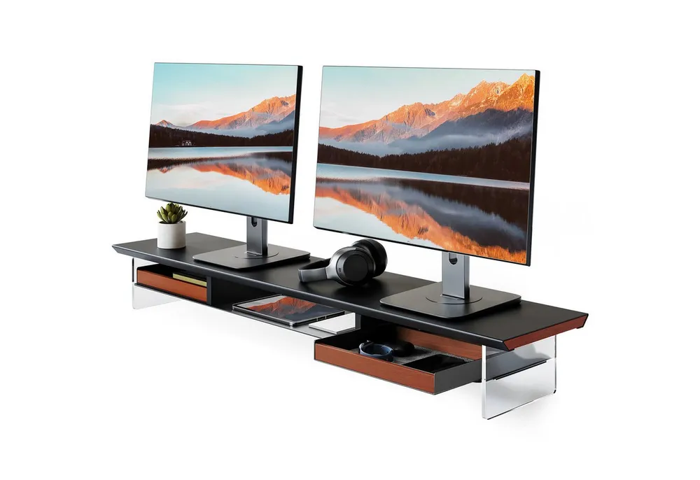Fenge Monitorständer 108 cm breit, mit Schubladen, Schreibtischaufsatz aus Massivholz, (Monitorerhöhung für 2 Monitore, Bildschirmerhöhung, Eisenablage, Acrylbeine)