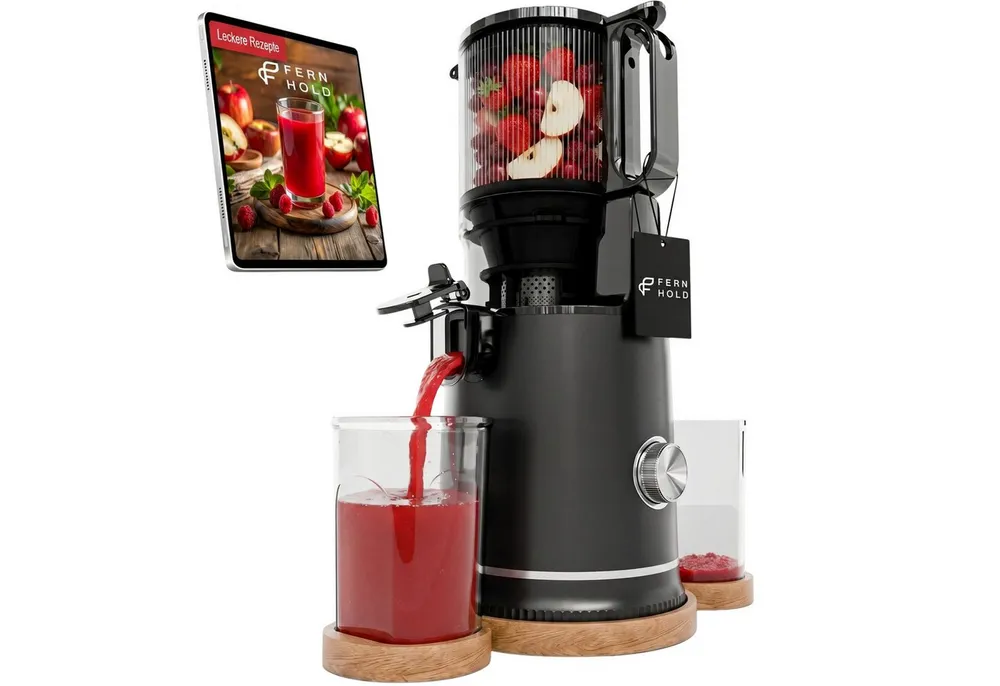 FERNHOLD Slow Juicer Entsafter für ganze Früchte & Gemüse, Kaltentsafter mit 130 mm Öffnung, 250 W, 1,8 l Saftbehälter, BPA-frei, Inkl. 2 Gläsern & Saftrezepte