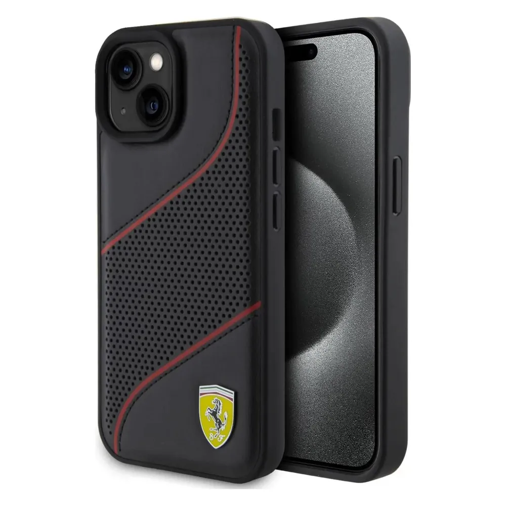 Ferrari FEHCP15SPWAK iPhone 15 / 14 / 13 6.1" czarny/black hardcase Perforated Waves Metal Logo