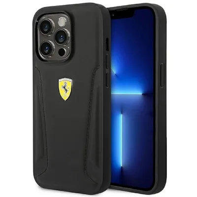 Ferrari Handyhülle Case Echtleder Logo schwarz iPhone 14 Pro Max 6,7 Zoll, Kantenschutz