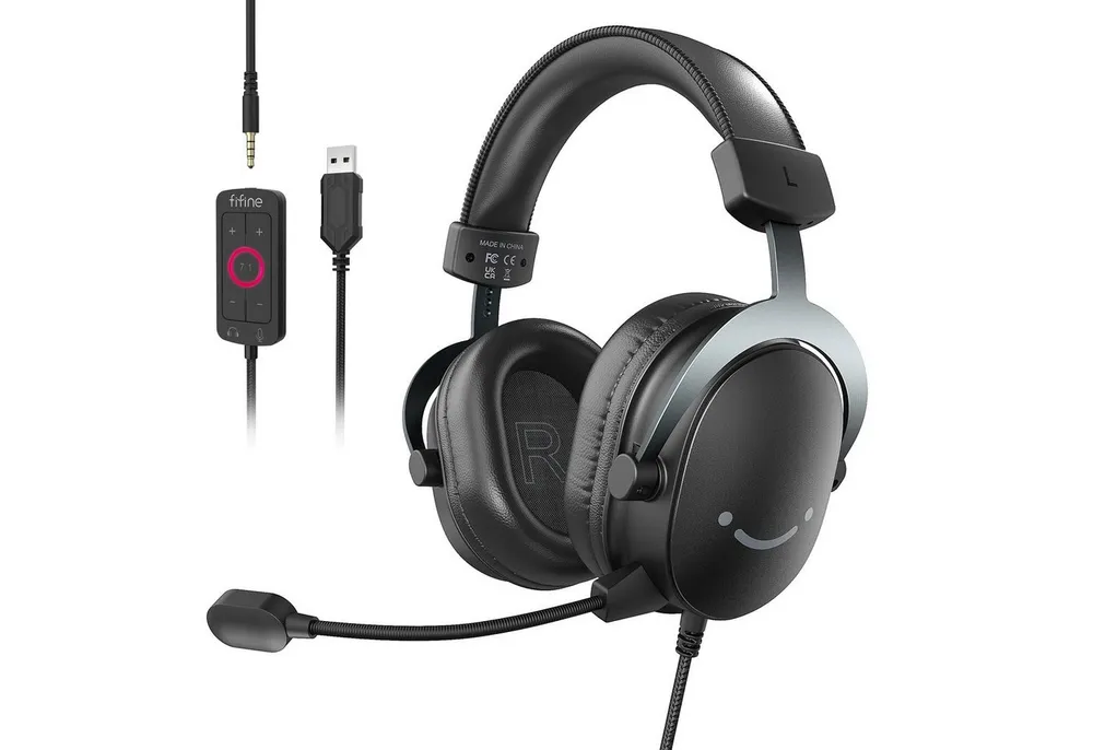 FIFINE Mikrofon Gaming Headset mit Mikrofon, Over Ear Kopfhörer mit Kabel, USB Headset für PC PS4 PS5 Xbox Switch, RGB Headphone