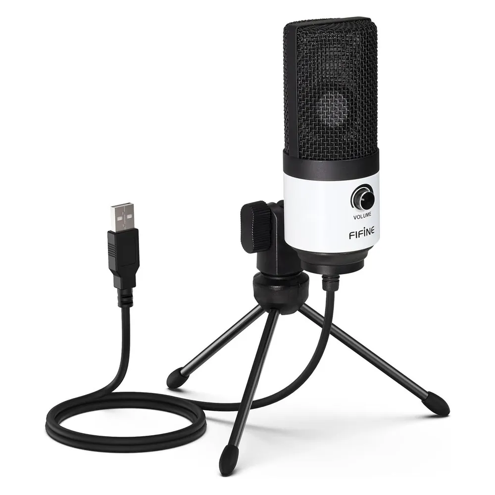 Mikrofon Fifine K669BW USB cardioid mit Lautstärkeregler und weißem Stativ