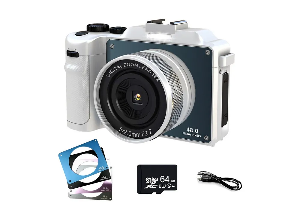 Fine Life Pro 48MP Digital Camera, 4K HD 1080P Photo Camera, Kompaktkamera (inkl. Built-in 7 Colour Filters, 18X Digital Zoom with, Two Cameras on the Front and Back, 64GB TF Card, WiFi Functionality)