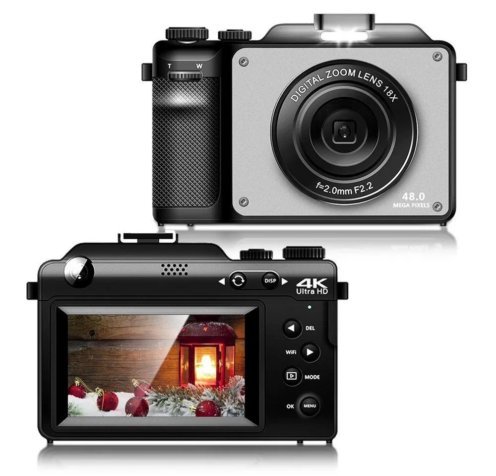 Fine Life Pro 48MP Digital Camera, 4K HD 1080P Photo Camera, Kompaktkamera (inkl. Built-in 7 Colour Filters, 18X Digital Zoom with, Two Cameras on the Front and Back, 64GB TF Card, WiFi Functionality)