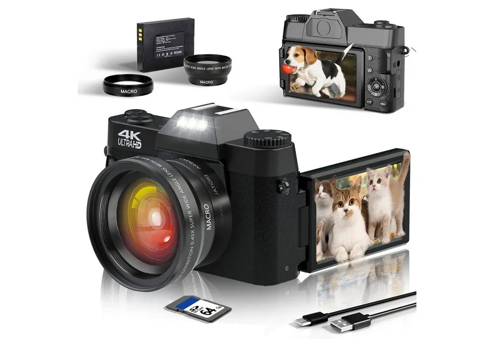 Fine Life Pro Digitalkamera 4K, Fotokamera mit 180° Flip 3.0" Bildschirm Kompaktkamera (48 MP, Kompaktkamera mit 64GB TF-Karte, WiFi-Funktionalität)