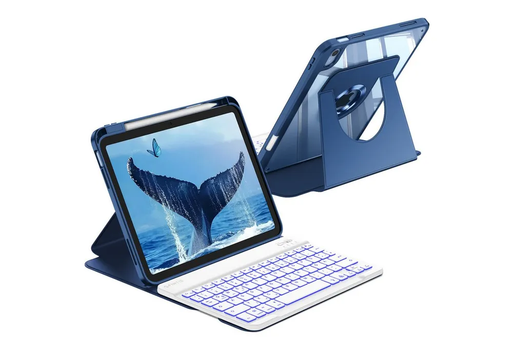 Fintie mit 360° drehbare Hülle für iPad A16 11/10. Generation 11/10,9 Zoll Tastatur (7-farbige Hintergrundbeleuchtung magnetisch Bluetooth-Tastatur)