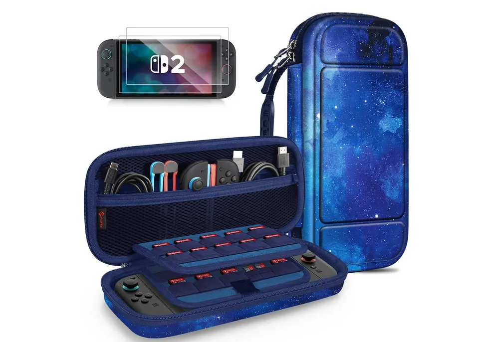 Fintie Nintendo-Schutzhülle Tasche mit 2 Panzerglas für Nintendo Switch 2(2025), 2-in-1 Zubehörset, mit 2 Stücke Schutzfolie, 1 Tragetasche mit großem Fassungsvermögen