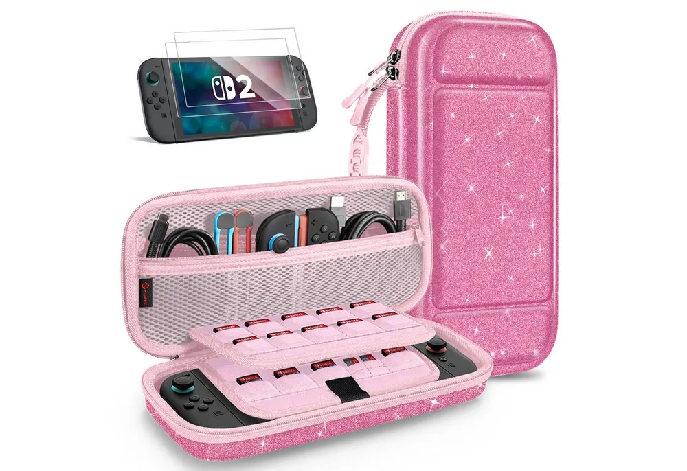 Fintie Nintendo-Schutzhülle Tasche mit 2 Panzerglas für Nintendo Switch 2(2025), 2-in-1 Zubehörset, mit 2 Stücke Schutzfolie, 1 Tragetasche mit großem Fassungsvermögen