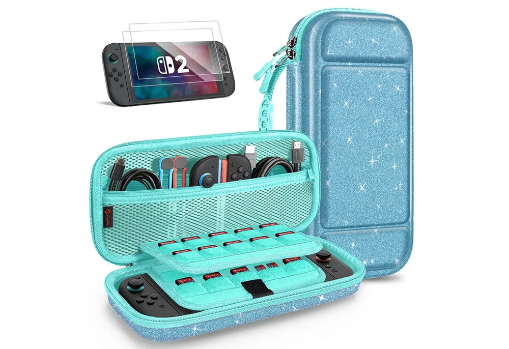 Fintie Nintendo-Schutzhülle Tasche mit 2 Panzerglas für Nintendo Switch 2(2025), 2-in-1 Zubehörset, mit 2 Stücke Schutzfolie, 1 Tragetasche mit großem Fassungsvermögen