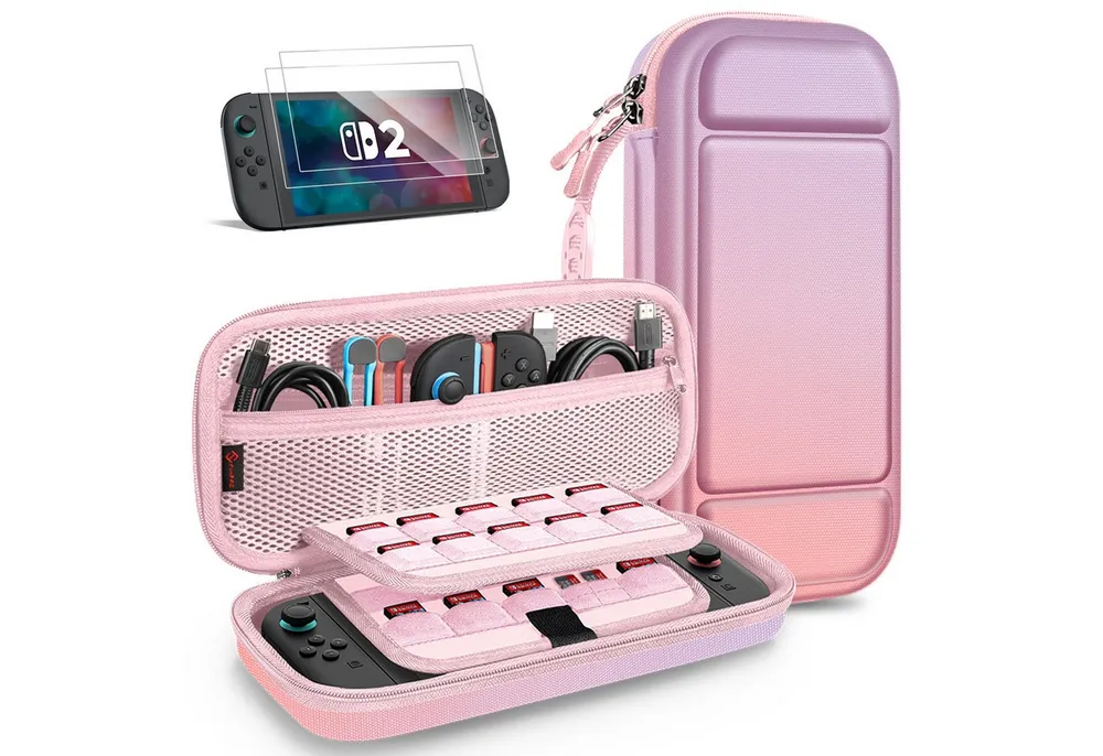 Fintie Nintendo-Schutzhülle Tasche mit 2 Panzerglas für Nintendo Switch 2(2025), 2-in-1 Zubehörset, mit 2 Stücke Schutzfolie, 1 Tragetasche mit großem Fassungsvermögen