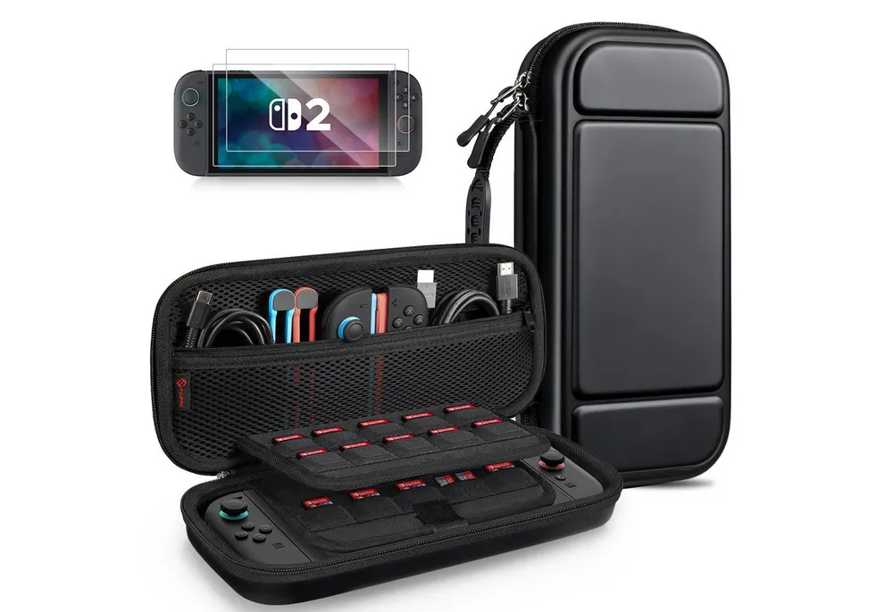 Fintie Nintendo-Schutzhülle Tasche mit 2 Panzerglas für Nintendo Switch 2(2025), 2-in-1 Zubehörset, mit 2 Stücke Schutzfolie, 1 Tragetasche mit großem Fassungsvermögen