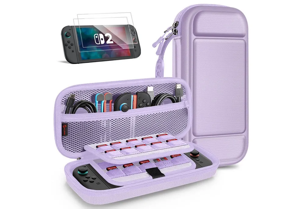 Fintie Nintendo-Schutzhülle Tasche mit 2 Panzerglas für Nintendo Switch 2(2025), 2-in-1 Zubehörset, mit 2 Stücke Schutzfolie, 1 Tragetasche mit großem Fassungsvermögen