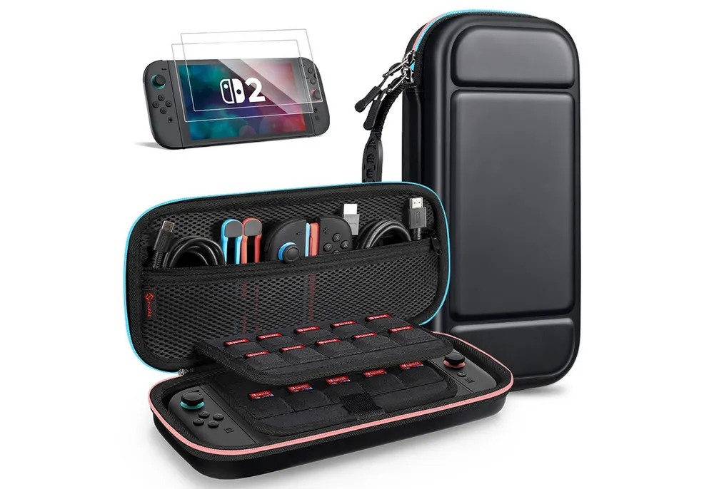 Fintie Nintendo-Schutzhülle Tasche mit 2 Panzerglas für Nintendo Switch 2(2025), 2-in-1 Zubehörset, mit 2 Stücke Schutzfolie, 1 Tragetasche mit großem Fassungsvermögen