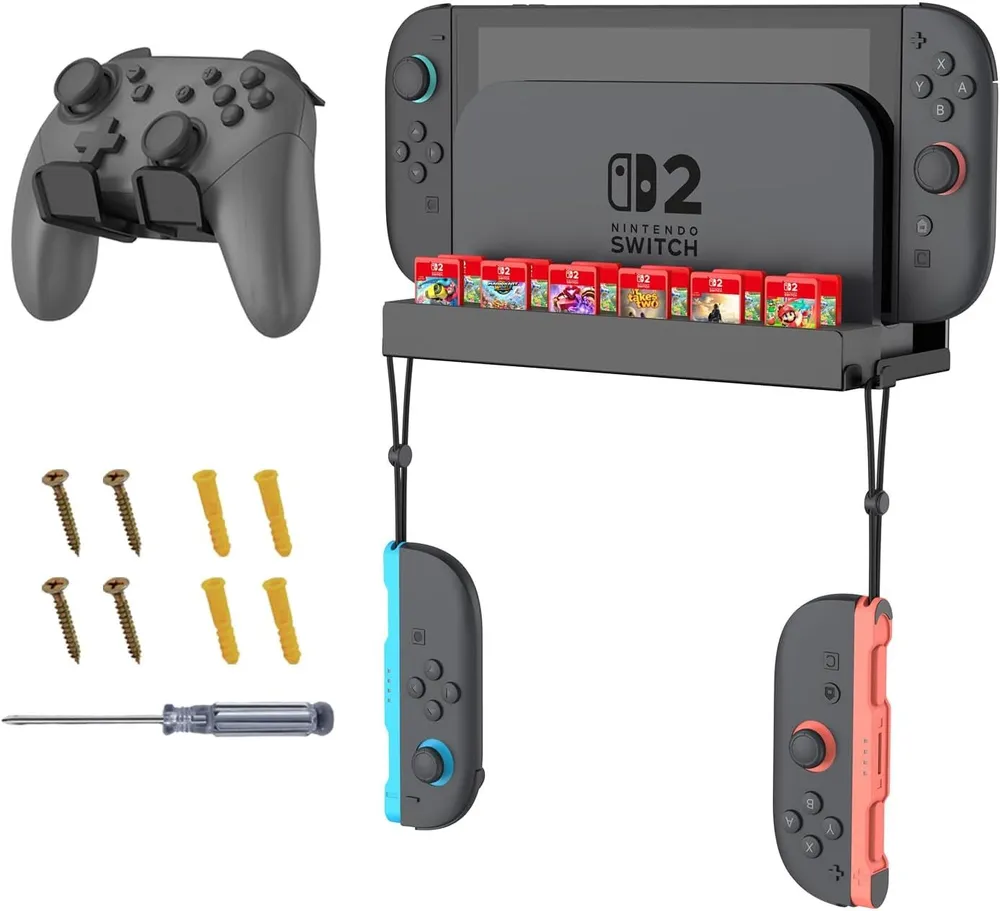 Fintie Wandhalterung für Nintendo Switch 2, Metall-Wandhalterungsset Zubehör Nintendo (mit 1 Controller-Halter, 12 Spielkartenhaltern, Konsolen-Organizer)