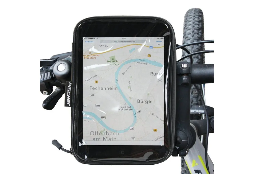 FISCHER Fahrrad Tablet-Halterung Tablet-Tasche Lenker-Halterung Fahrrad, (bis 8 Zoll, Wasserfest, Halter mit Klick-System, Fahrrad-Lenker 22-31,8mm)