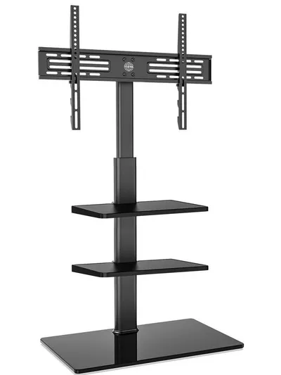 FITUEYES TV-Ständer mit 2 Ablagen, höhenverstellbar, ±30°schwenkbar, 32-60 Zoll, (bis 60,00 Zoll, verstellbare Ablagen, aus gehärtetem Glas)