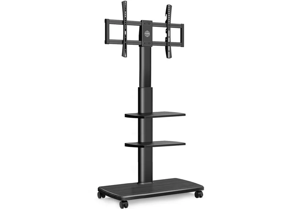 FITUEYES TV-Ständer mobile TV-Halterung mit Rollen, Ablagen, 32-70 Zoll, (bis 70,00 Zoll, 127-147 cm höhenverstellbar, ±30° schwenkbar, Holzbasis)