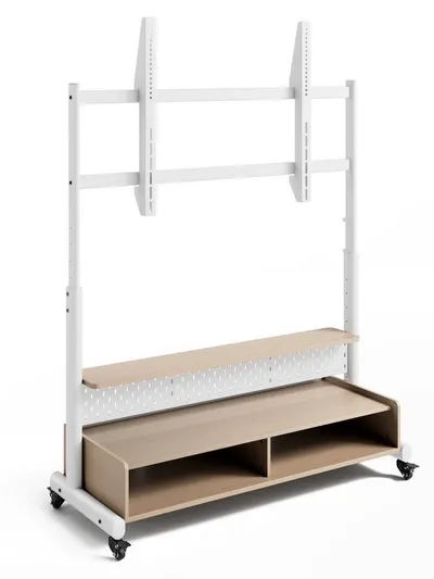 FITUEYES TV-Ständer TV Rollwagen mit feststellbaren Rädern, Ablage, 2 Fächern, Lochplatte, (bis 100,00 Zoll, höhenverstellbare, mobile TV-Halterung, 70-100 Zoll)