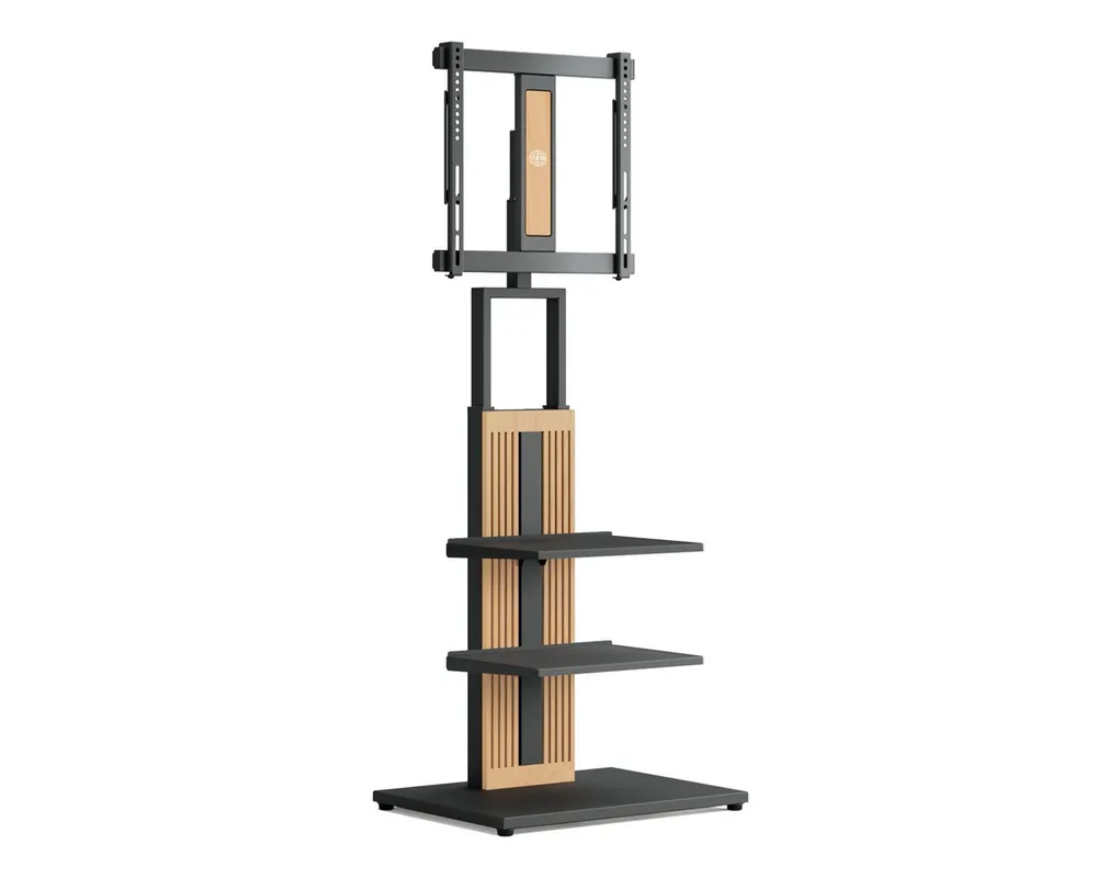FITUEYES TV-Ständer TV-Standfuß mit verstellbarer Ablage, 32-65 Zoll, (bis 65,00 Zoll, höhenverstellbar, schwenkbar ±30°, aus Buchenholz)