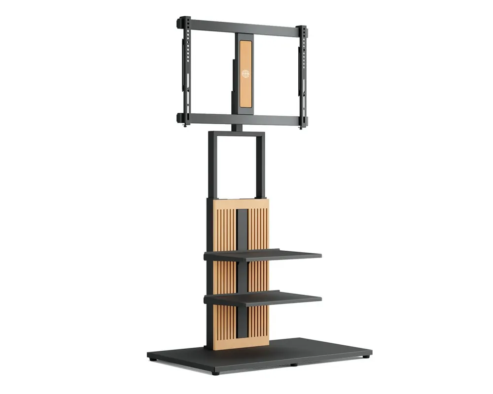 FITUEYES TV-Ständer TV-Standfuß mit verstellbarer Ablage, 55-88 Zoll, (bis 88,00 Zoll, höhenverstellbar, ±30° schwenkbar, aus Buchenholz)