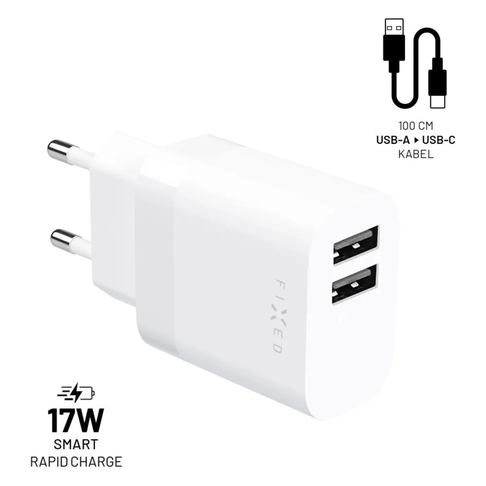 Fixed Dual USB Travel Charger and USB/USB-C Cable FIXC17N-2UC-WH