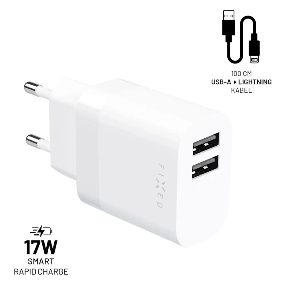 Fixed Home Charger 2x USB-A 17W/Lightning cable 1m White