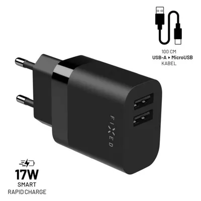 Fixed Netzwerk-Ladegerät, 2*USB-A-Ausgang, 17W + USB/Micro USB-Kabel, schwarz