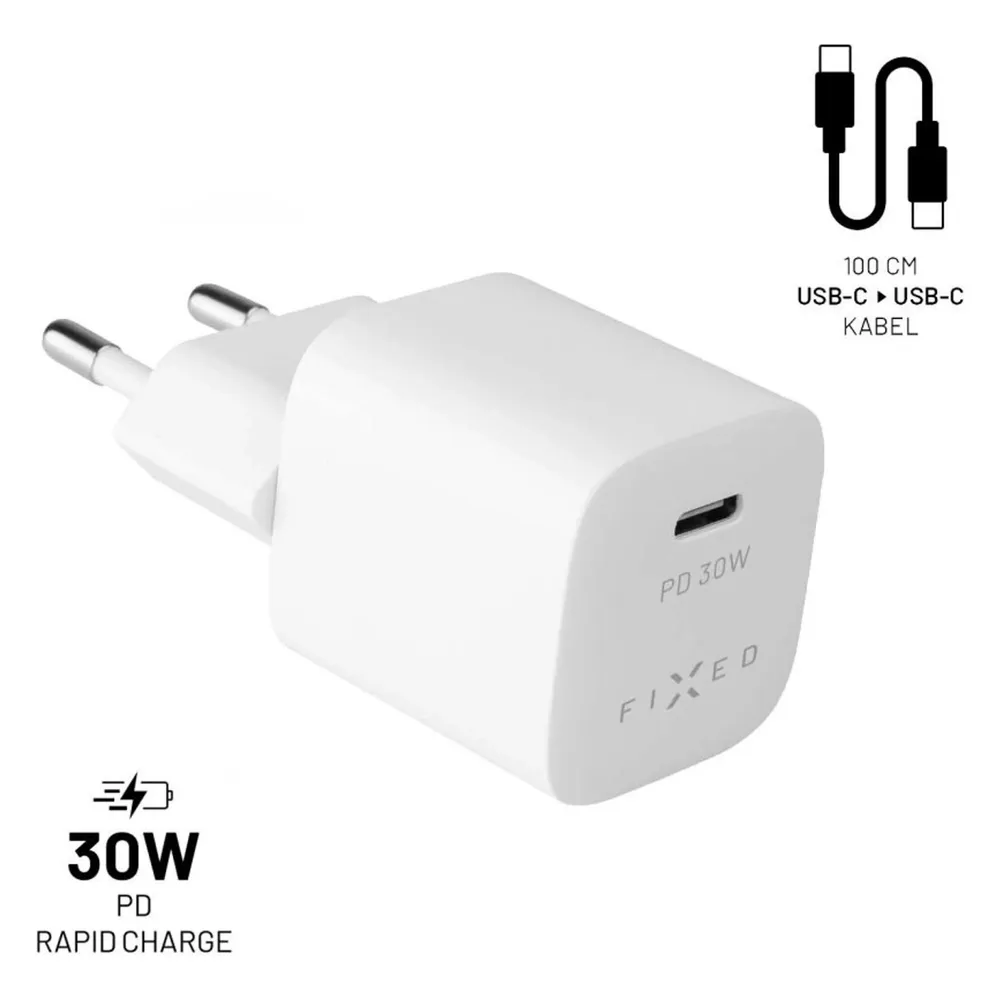 Fixed Ladegerät, USB-C, USB-C/USB-C Kabel, 1m, 30W