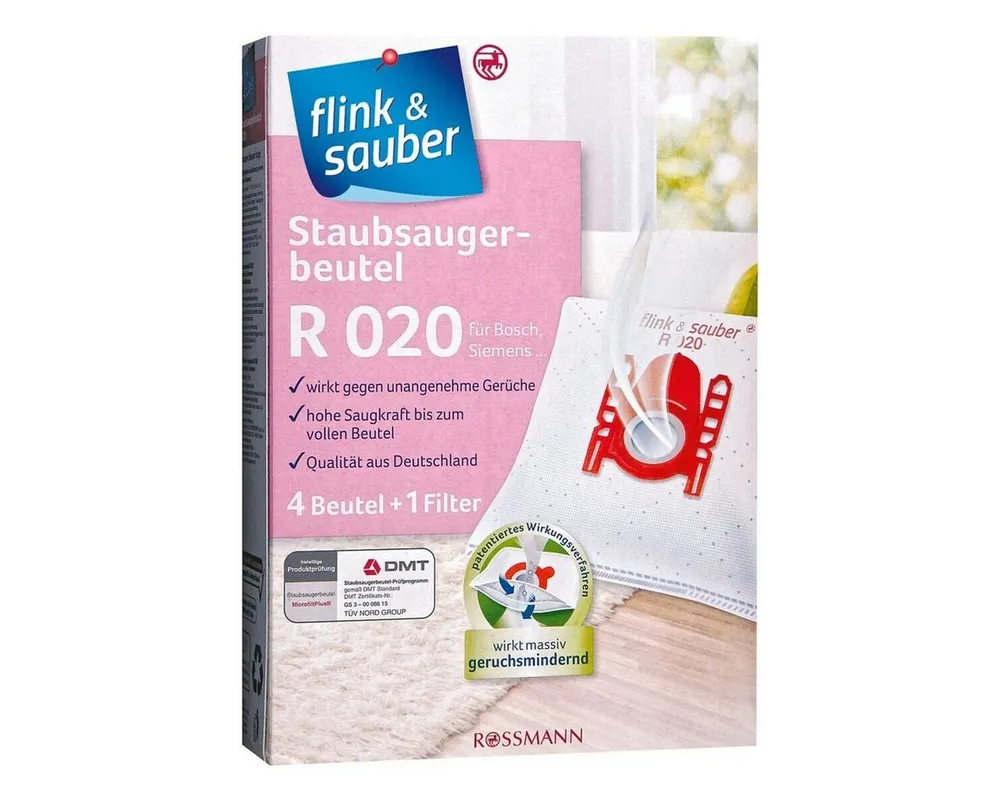 flink & sauber Staubsaugerbeutel R 020, passend für Bosch, Kärcher, Krups, Privileg, Profilo, Protos, Selectine, Severin, Siemens, 4 St., 4-lagiges Vlies, geruchsneutralisierend