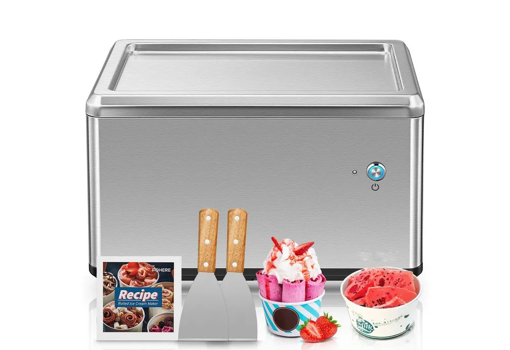 FOHERE Eismaschine Selbstkühlende Roll-Eismaschine für Zuhause mit Kompressor, 120 W, inkl. 2 Metallspatel & Rezeptheft, ein-Knopf-Bedienung