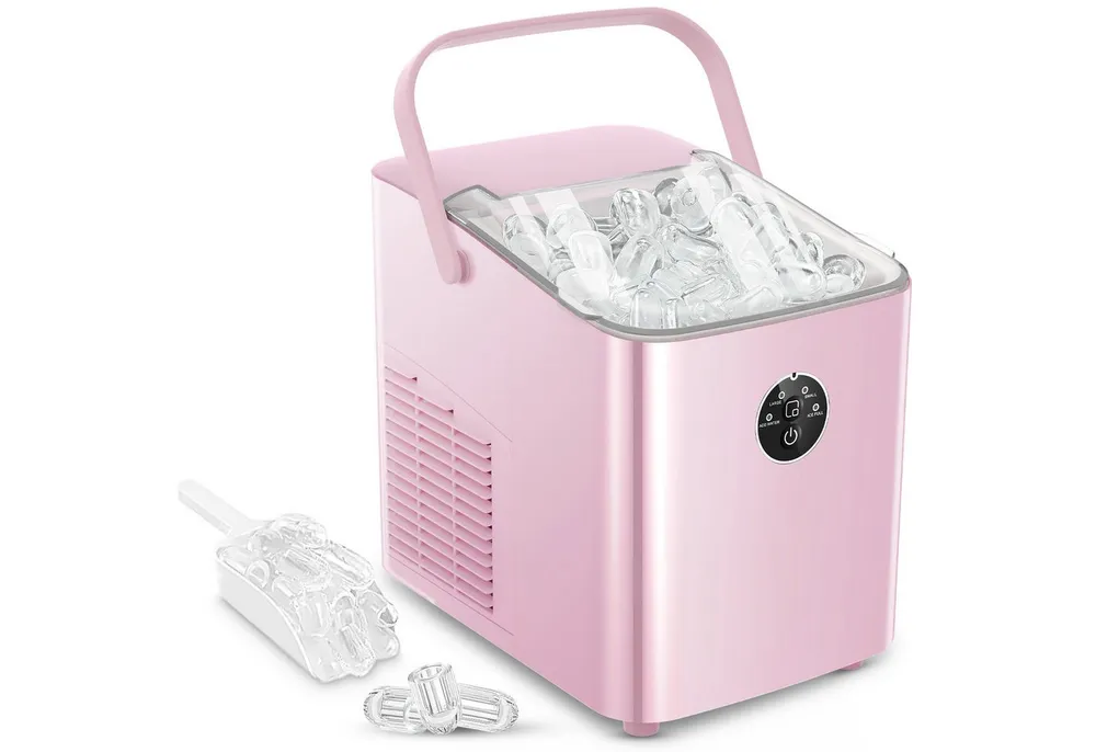 FOHERE Eiswürfelmaschine Klein, 14kg/24h, 6 Min. Eis, 2 Bullet Ice Größen, selbstreinigend, Party/Büro, rosa