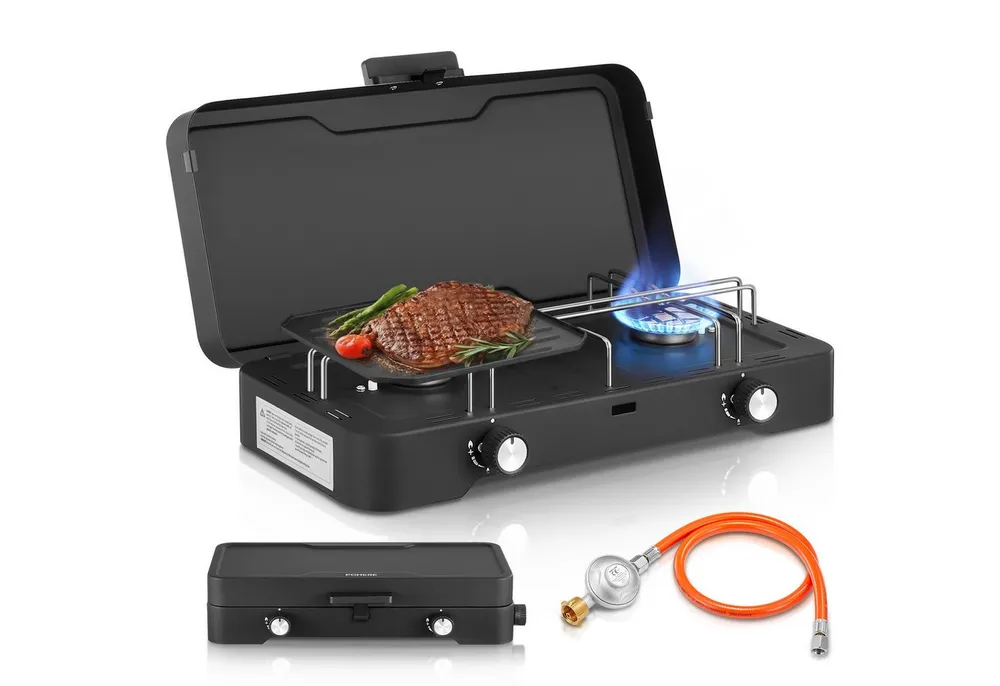FOHERE Gaskocher Campingkocher, 2-flammiger Propangaskocher, tragbarer Tischkocher, (1-St)