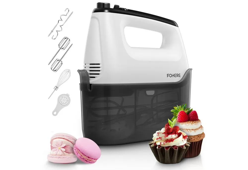 FOHERE Handmixer 6 Geschwindigkeiten plus Turbo, 6 Zubehörteile Edelstahl, 400 W, Aufbewahrungsbox, vertikales Design