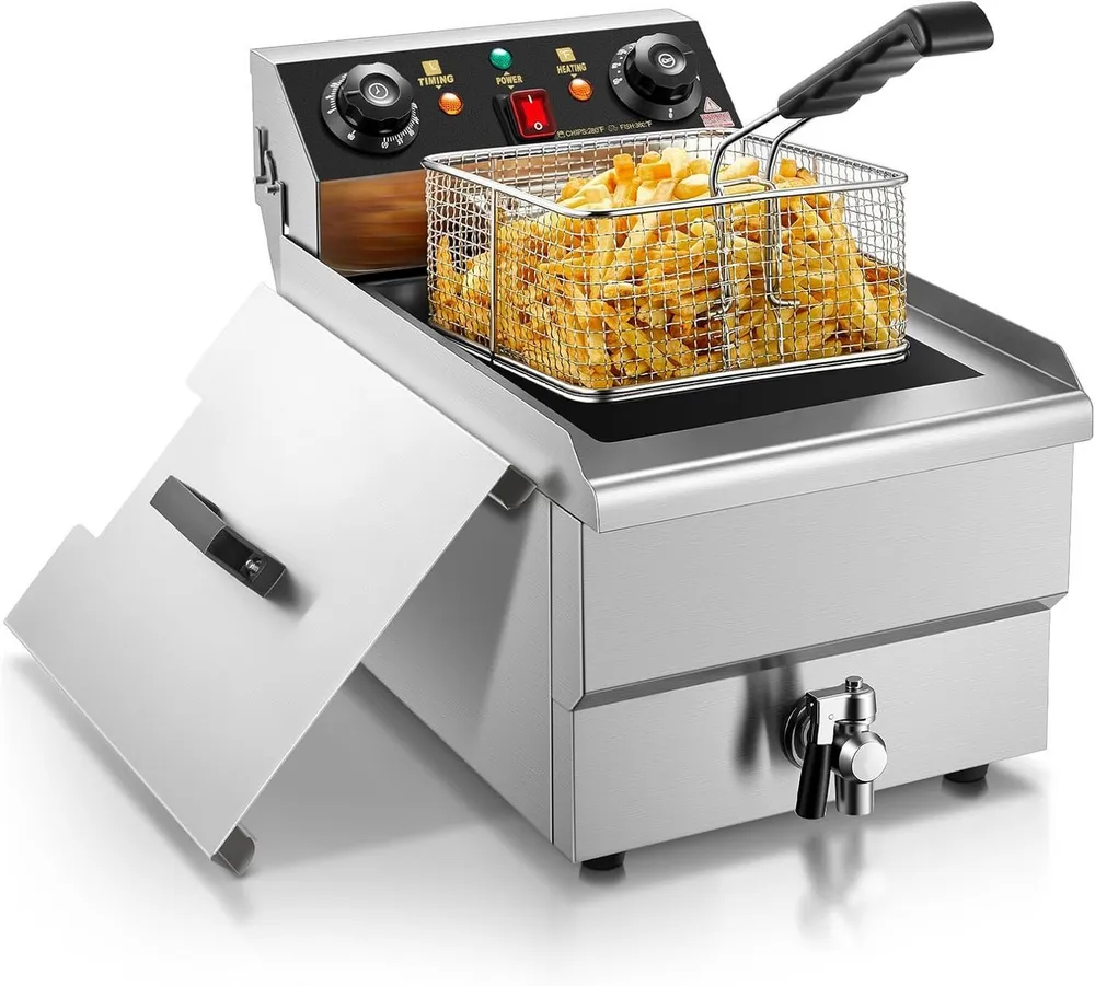 FOHERE Kaltzonenfritteuse 11L Elektrofritteuse mit Ölablass, Profi-Fritteuse mit Korb & Deckel, 3000 W