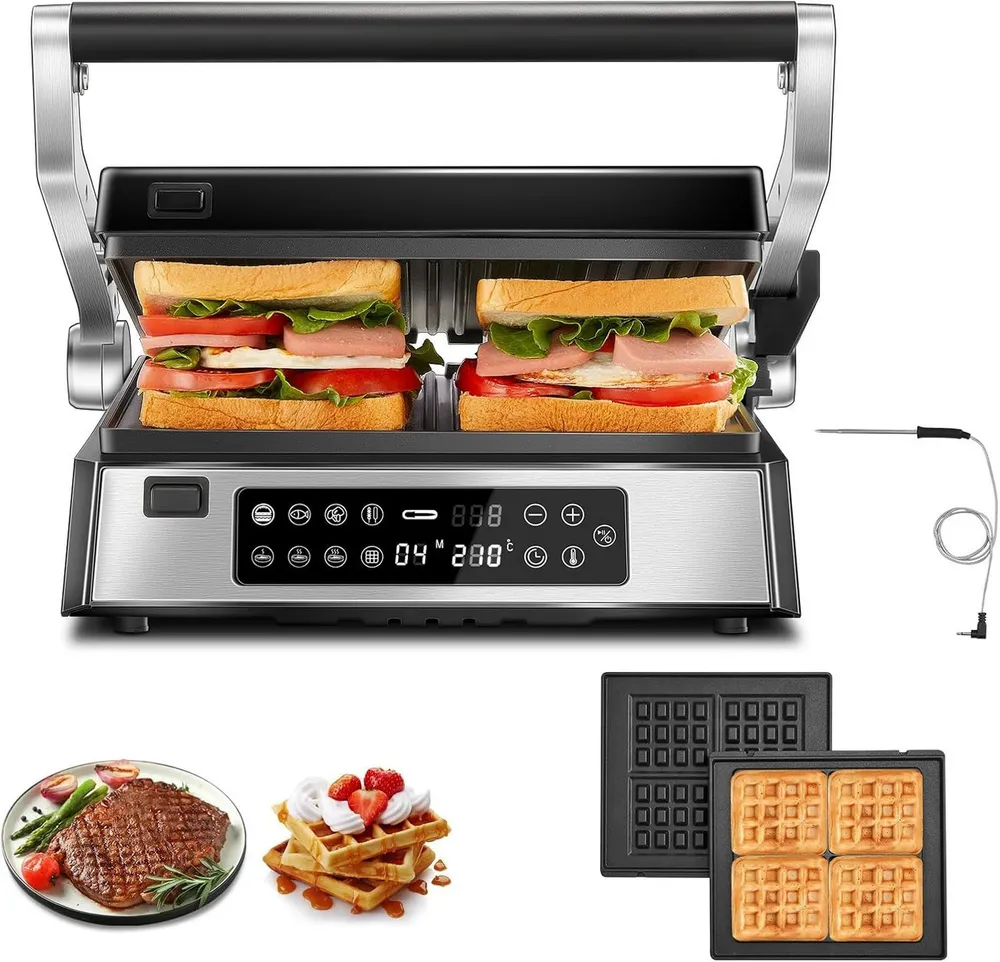 FOHERE Kontaktgrill 4 in 1, Paninimaker, Multifunktions-Waffeleisen & Sandwichmaker, 2200 W, mit 8 Programme, abnehmbaren Platten und LED-Diaplay