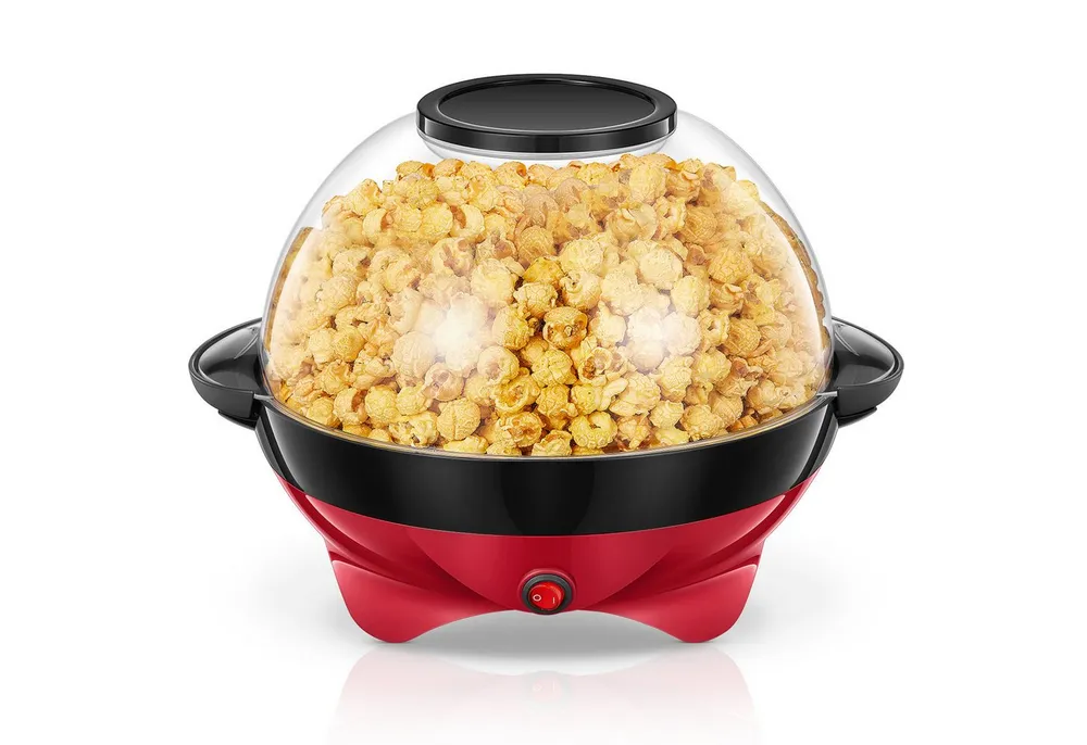 FOHERE Popcornmaschine 5.5L Popcorn Maker für Zuhause, Automatisches Rühren, Popcorn-Schüssel, Messbecher, 180°-Drehfunktion