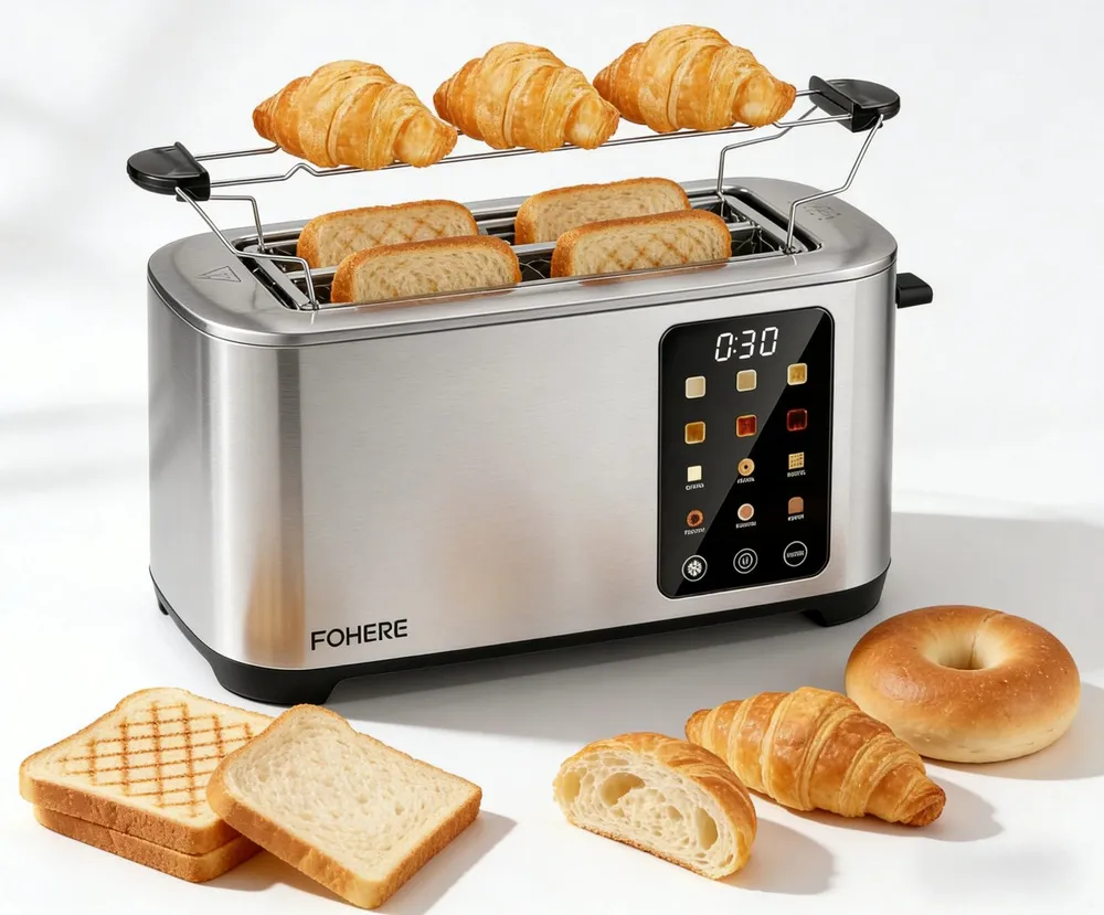 FOHERE Toaster Langschlitz 4 Scheiben, Brötchenaufsatz, 1400 W, LED-Display, 4 langer Schlitz, für 4 Scheiben, 1400 W, Touchscreen, 6 Stufen, Auftauen & Aufwärmen, Edelstahl