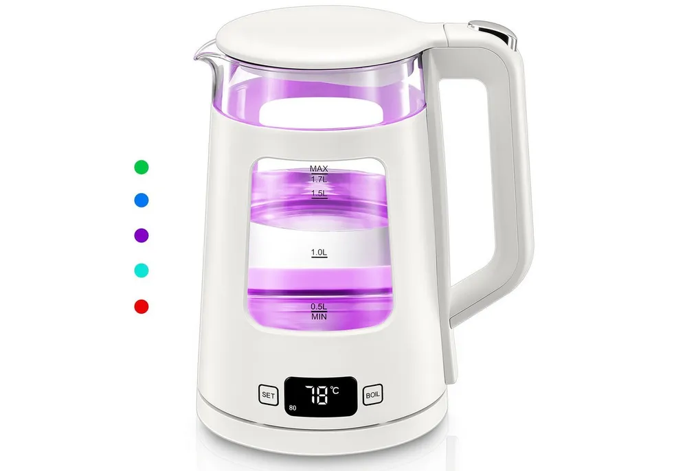 FOHERE Wasserkocher aus Glas mit Temperatureinstellung und 5 LED, 1.7 l, 2200 W, aus hochwertigem Edelstahl, Borosilikatglas & BPA-freiem Kunststoff