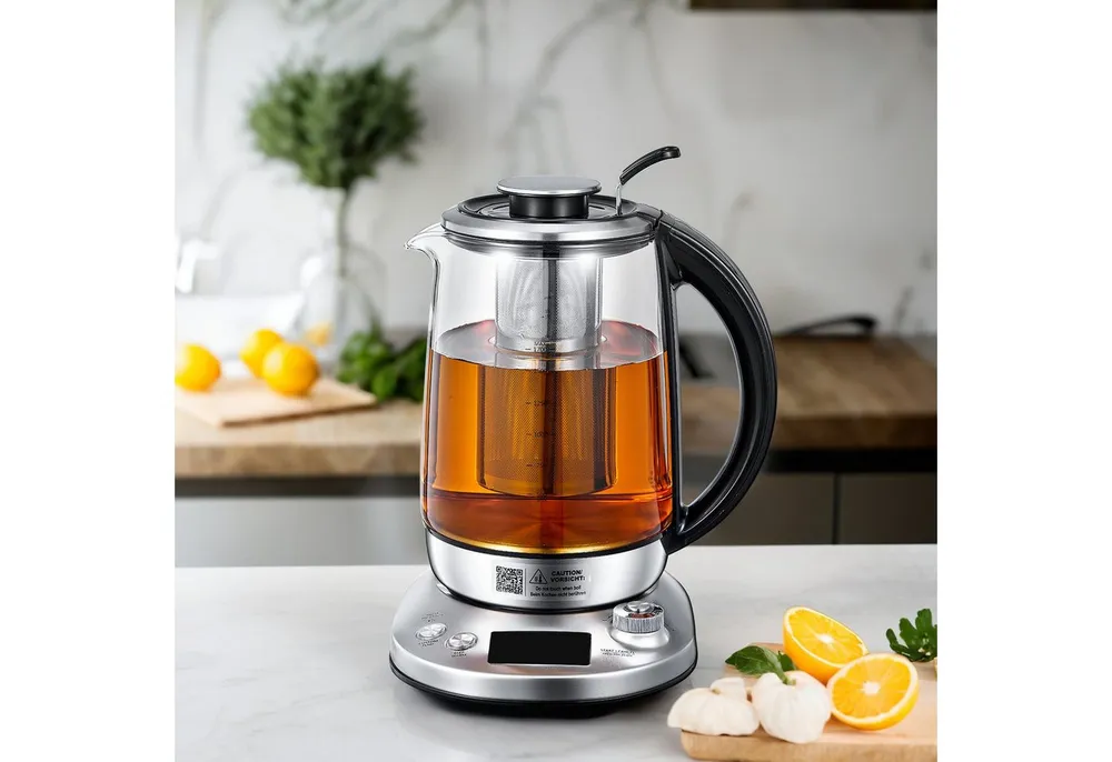 FOHERE Wasserkocher aus Glas und Edelstahl, mit Temperaturregler und Sockel, 1,7 l, 2200 W, 40 °C – 100 °C, 2 Stunden warmhalten