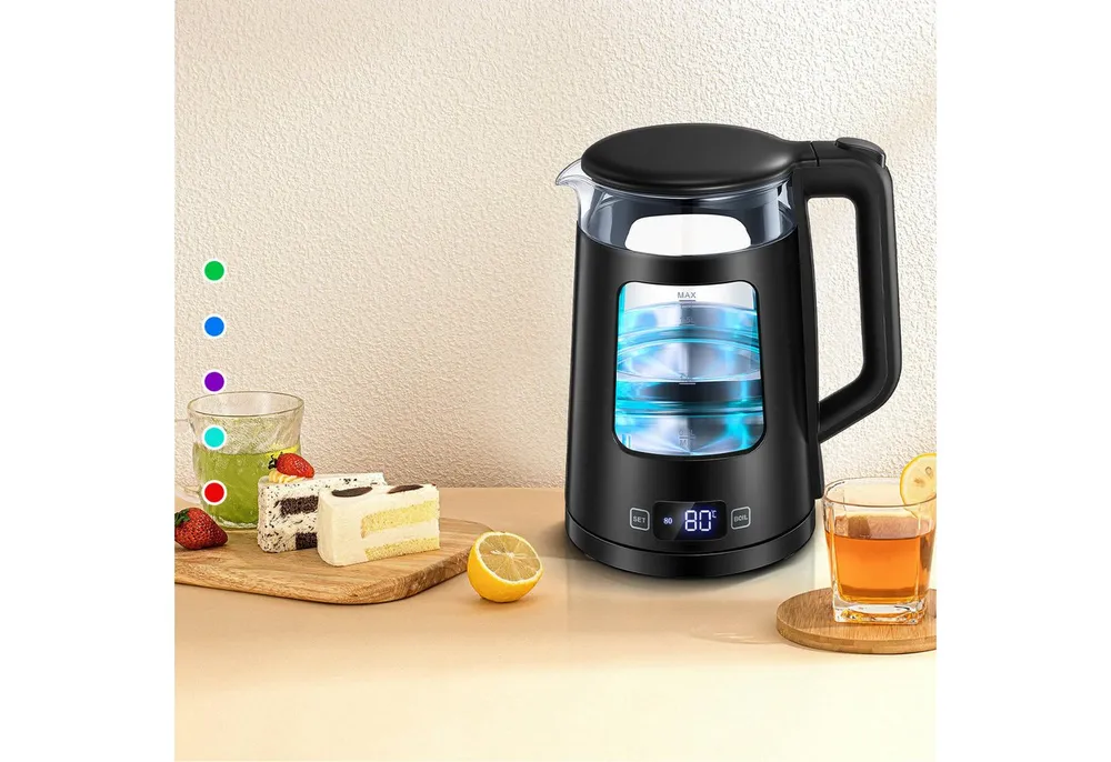 FOHERE Wasserkocher Glas Edelstahl, LED & Temperatureinstellung, Schnellkochfunktion, 1.7 l, 2200 W, mit 5 Farbigen Lichtern